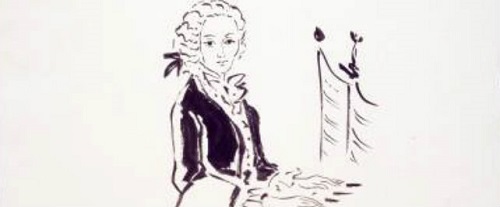 Roger Descombes, Mozart au piano,      - Dessin en encre noir du jeune Mozart, vers 1963,